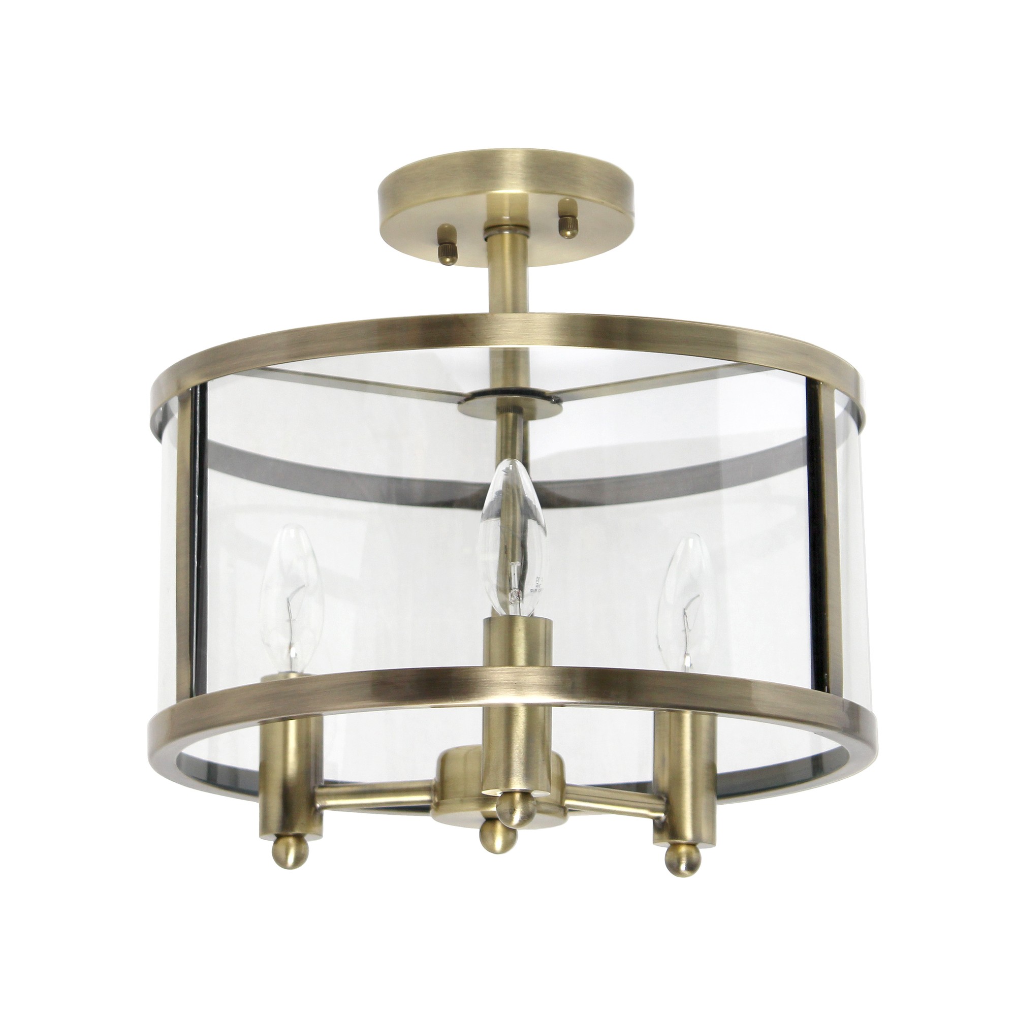 Lalia Home 3-Light 13" Industrial Farmhouse Glass and Metallic Accented Semi-flushmount, Antique Brass