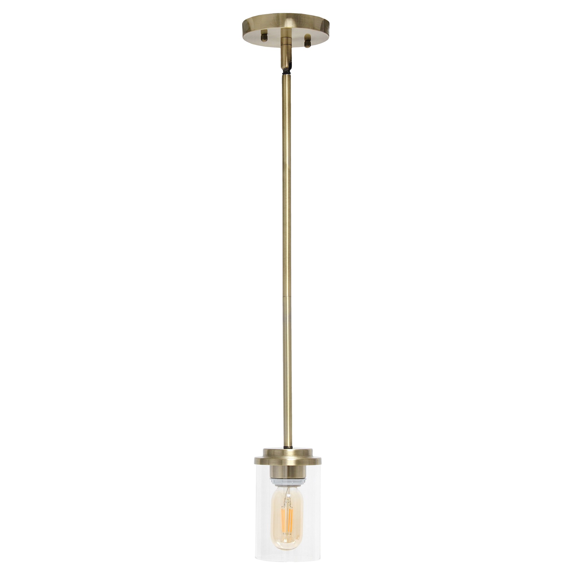 Lalia Home 1-Light 5.75" Minimalist Industrial Farmhouse Adjustable Hanging Clear Cylinder Glass Pendant Fixture, Antique Brass