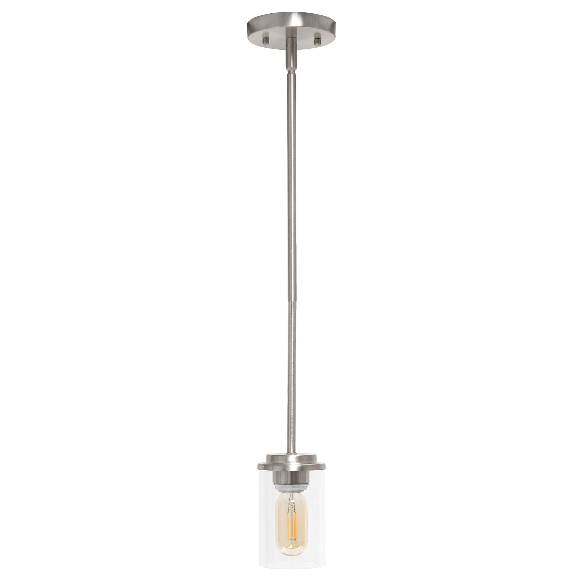 Lalia Home 1-Light 5.75" Minimalist Industrial Farmhouse Adjustable Hanging Clear Cylinder Glass Pendant Fixture, Brushed Nickel