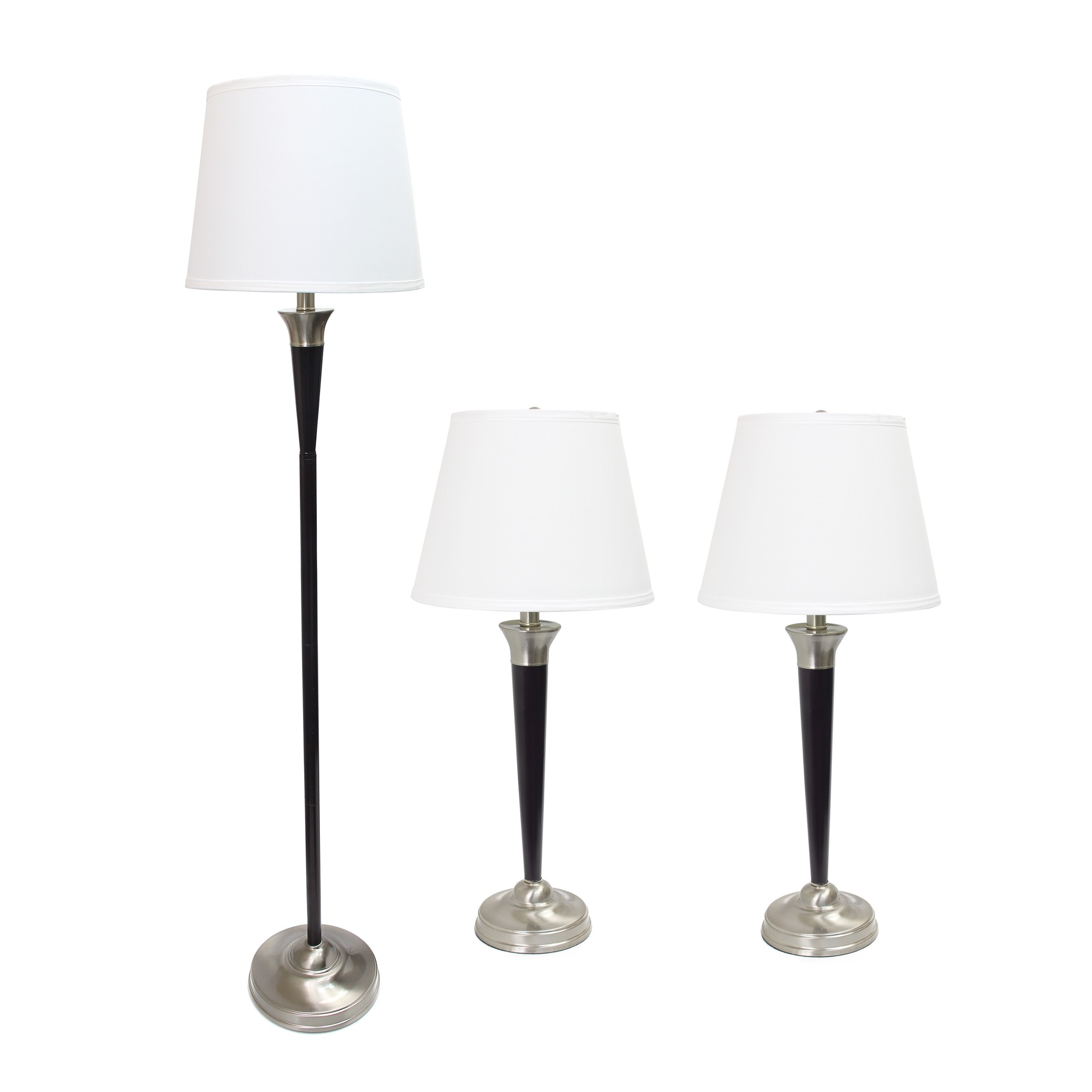 Lalia Home 3 Piece Metal Lamp Set (2 Table Lamps, 1 Floor Lamp) White Shades with Malbec Black and Brushed Nickel Finish