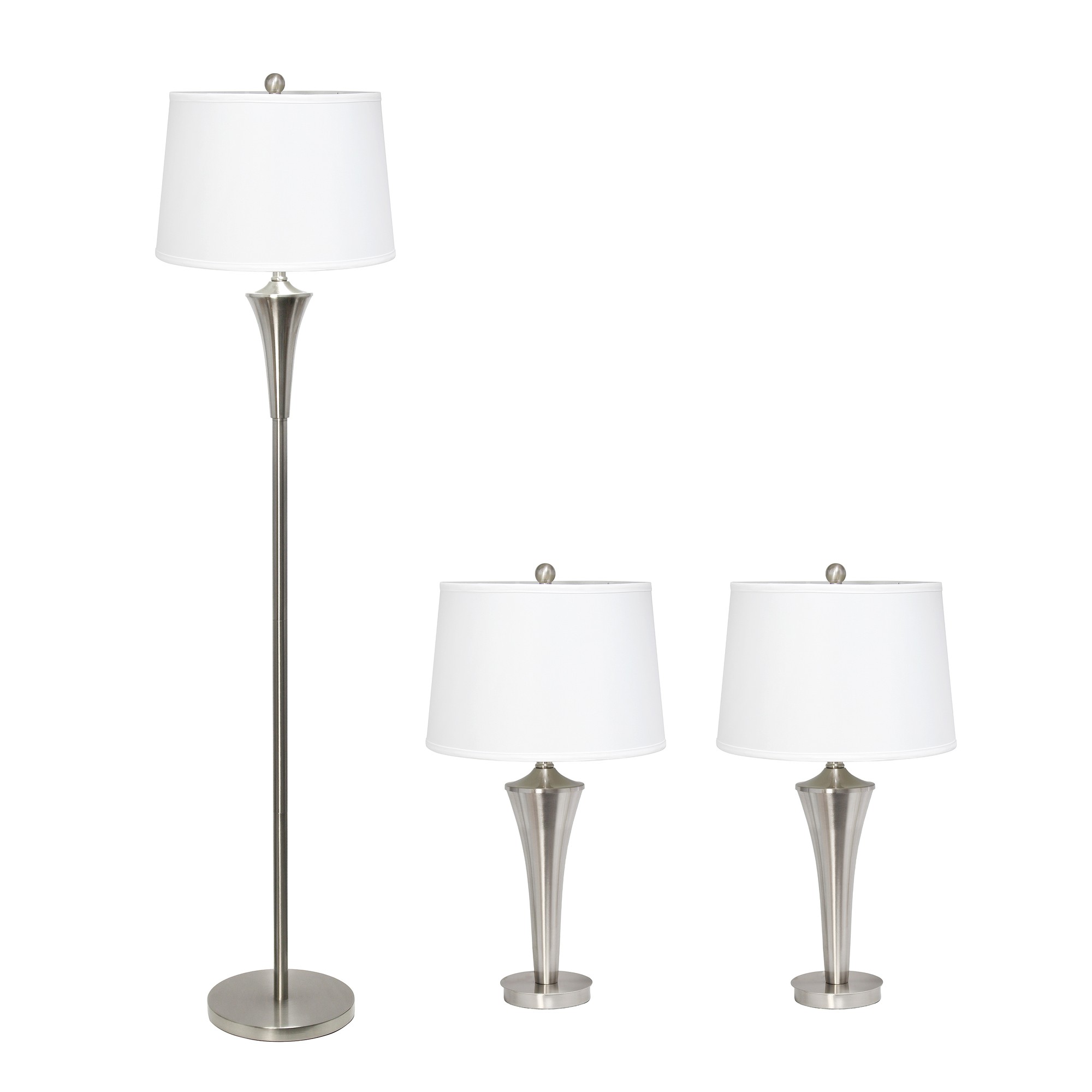 Lalia Home 3 Piece Metal Lamp Set (2 Table Lamps, 1 Floor Lamp) White Tapered Drum Fabric Shades and Brushed Nickel Finish