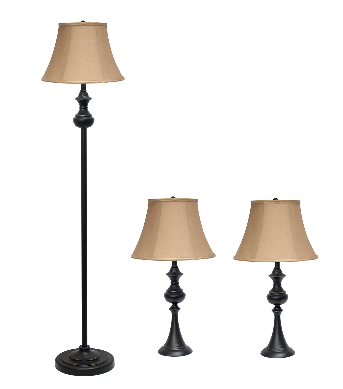 Elegant Designs Traditionally Crafted 3 Pack Lamp Set (2 Table Lamps, 1 Floor Lamp) with Tan Shades, Restoration Bronze
