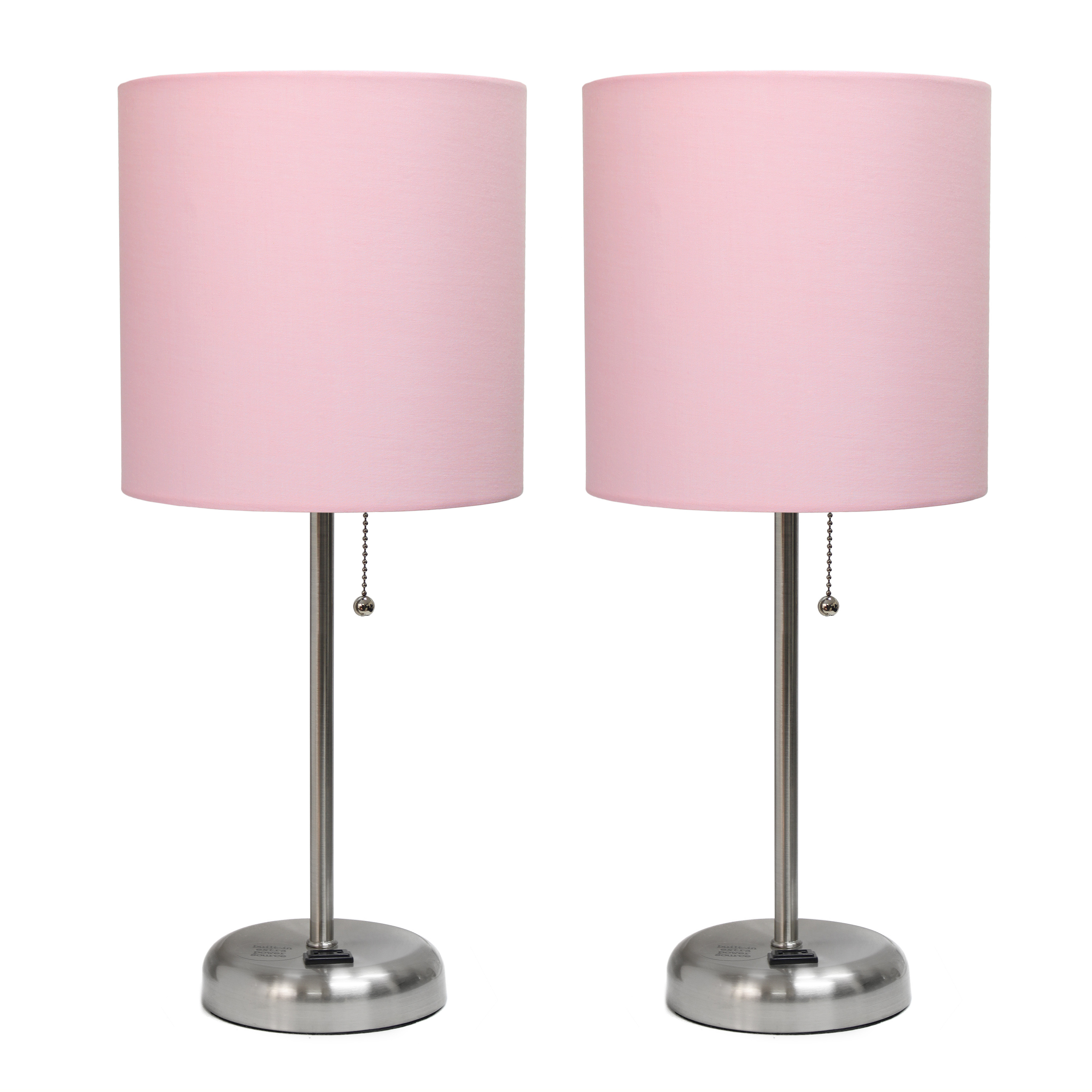 LimeLights Brushed Steel Stick Lamp with Charging Outlet and Fabric Shade 2 Pack Set, Pink