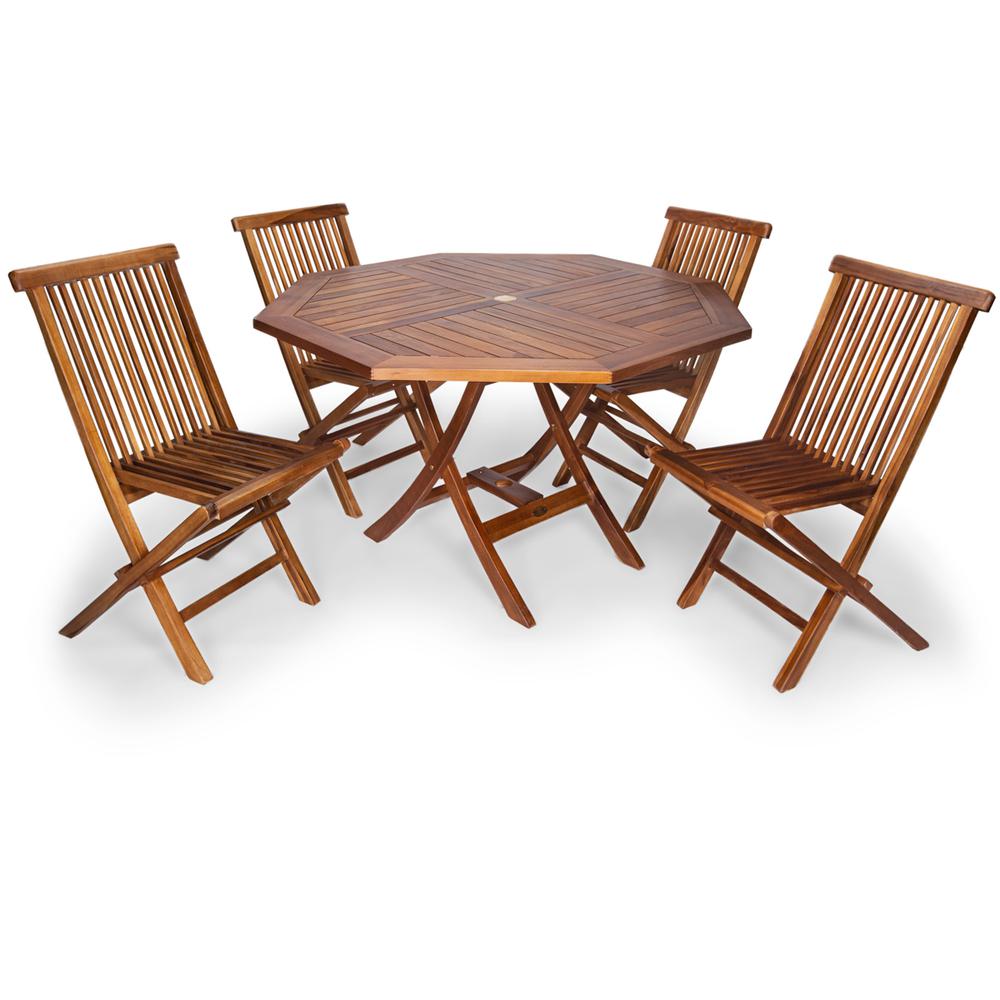 5-Piece 4-ft Teak Octagon Folding Table and Folding Chair Set