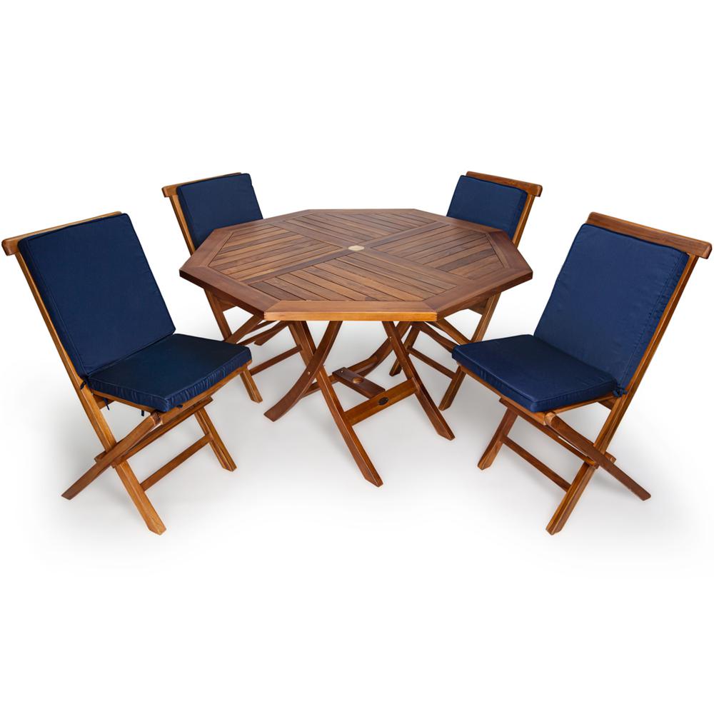 5-Piece 4-ft Teak Octagon Folding Table Set with Blue Cushions