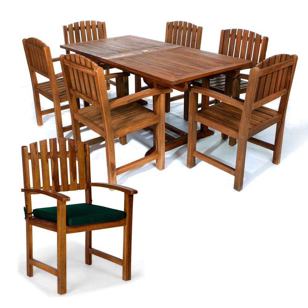 7-Piece Twin Butterfly Leaf Teak Extension Table Dining Chair Set with Green Cushions