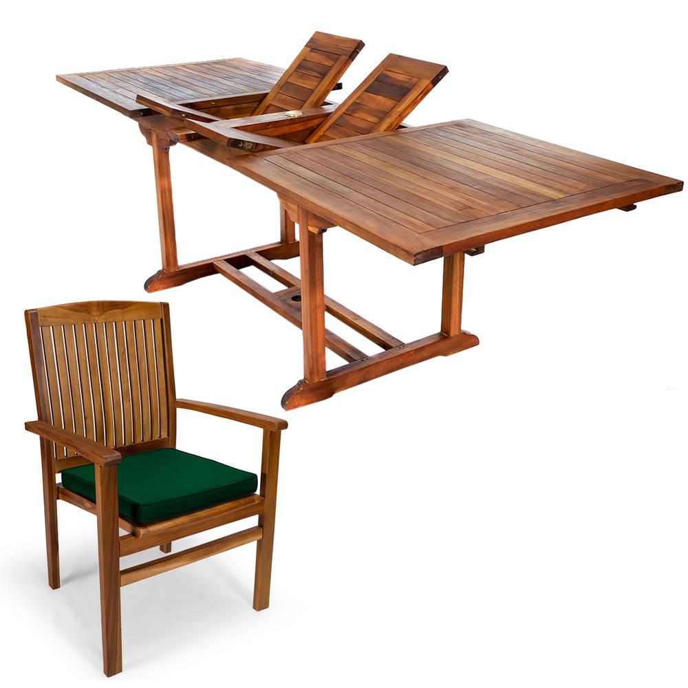 7-Piece Twin Butterfly Leaf Teak Extension Table Stacking Chair Set with Green Cushions