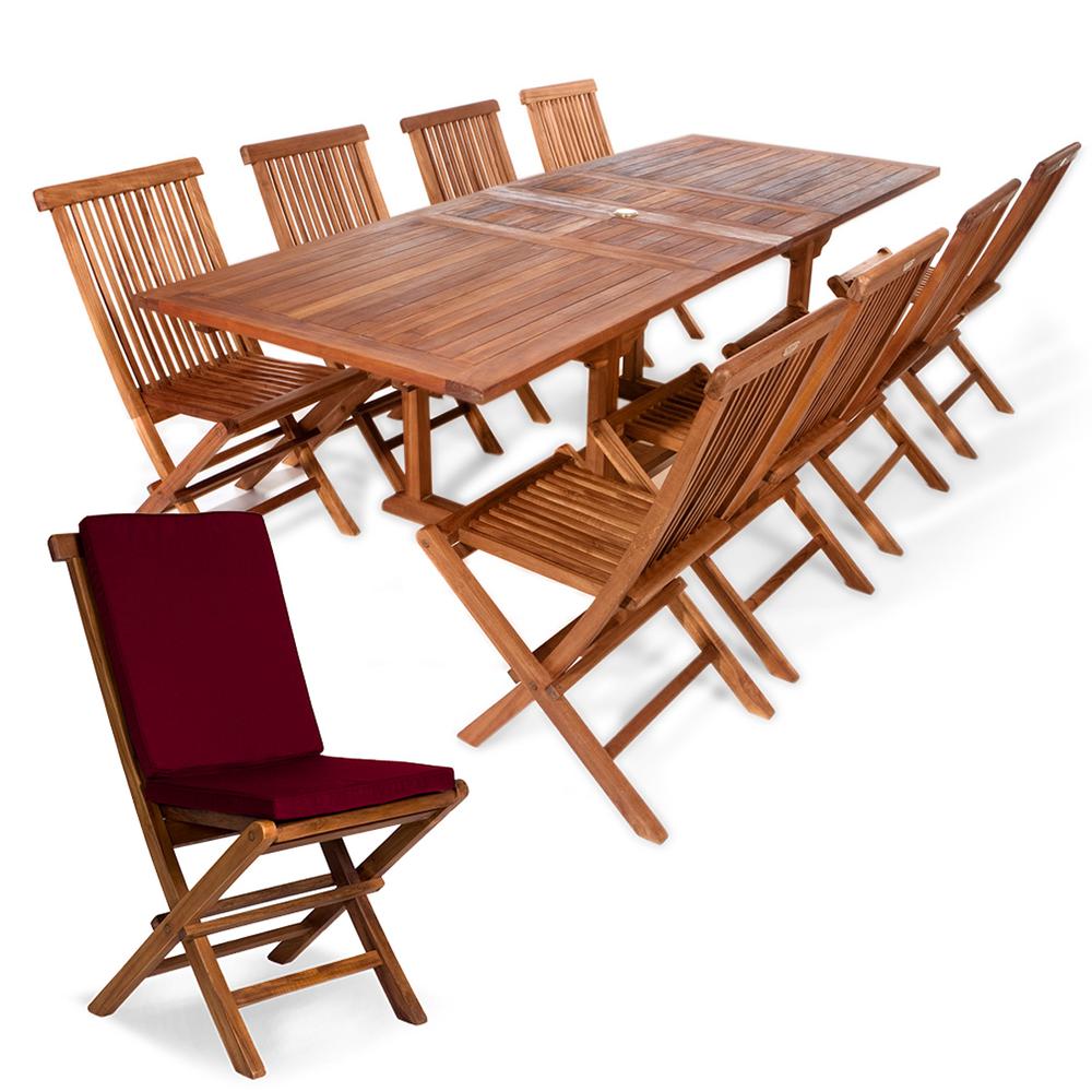 9-Piece Twin Butterfly Leaf Teak Extension Table Folding Chair Set with Red Cushions