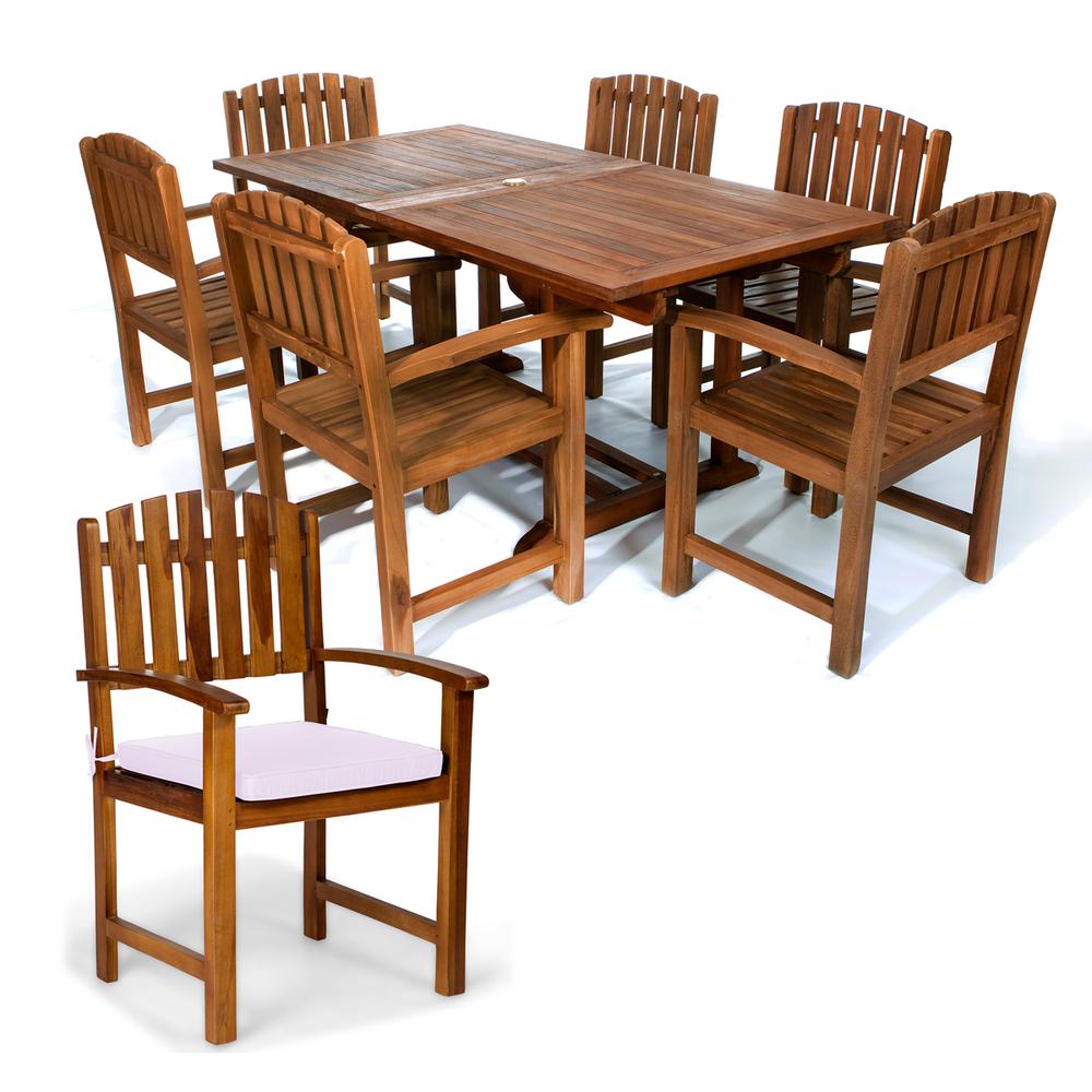 7-Piece Twin Butterfly Leaf Teak Extension Table Dining Chair Set with Royal White Cushions