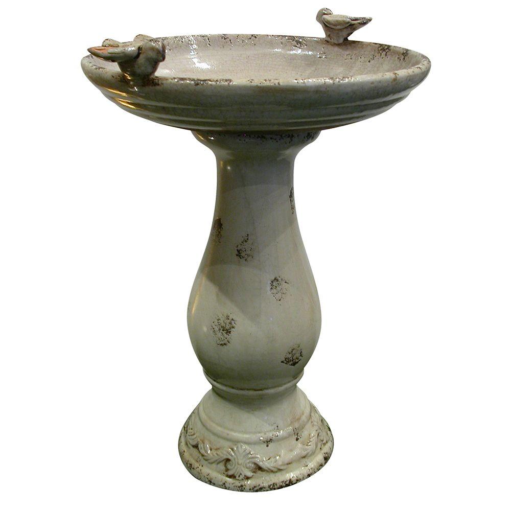 Antique Ceramic Bird Bath with 2 Birds- Light Brown