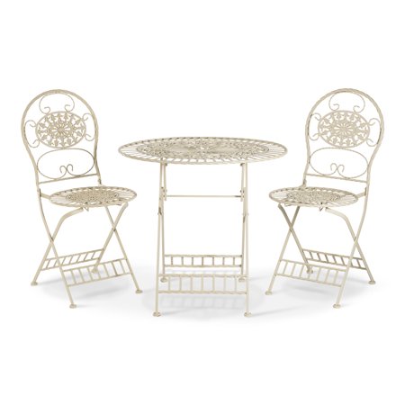 White Metal Bistro Set Table and Two Chairs