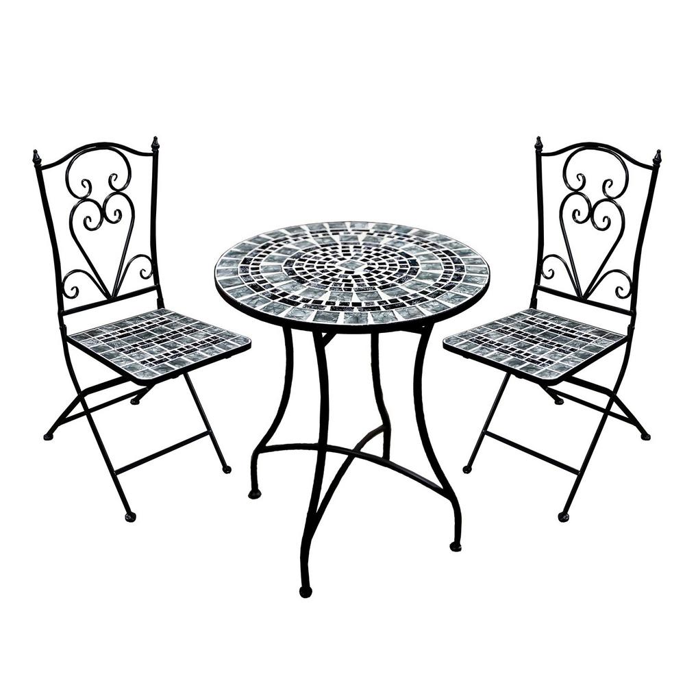 Marbled Glass Mosaic Bistro Set Table and Two Foldable Chair