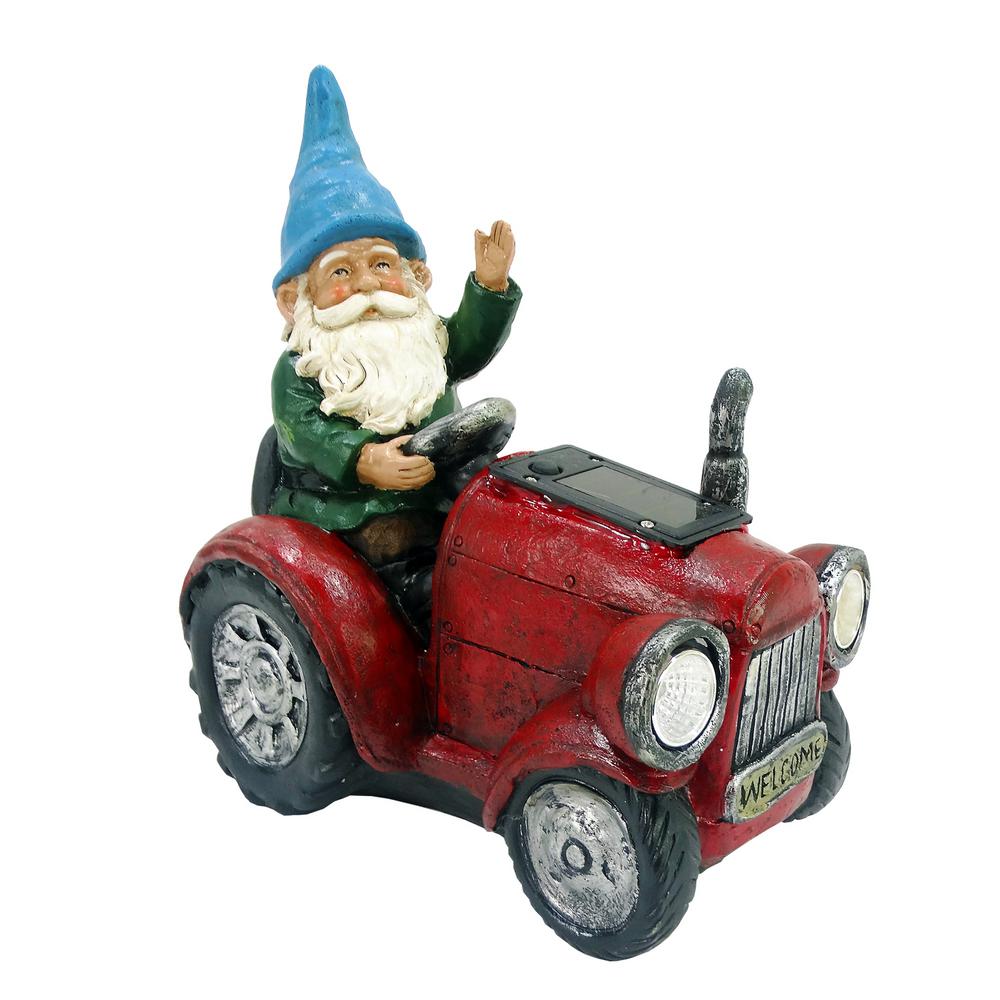 Solar Red Tractor Riding Gnome with Cool White LED Lights