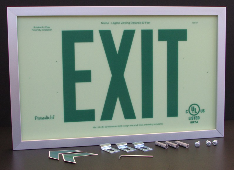 UL924-Listed Plastic EXIT Sign - DOUBLE-SIDED, Green EXIT Legend and Silver Aluminum Frame