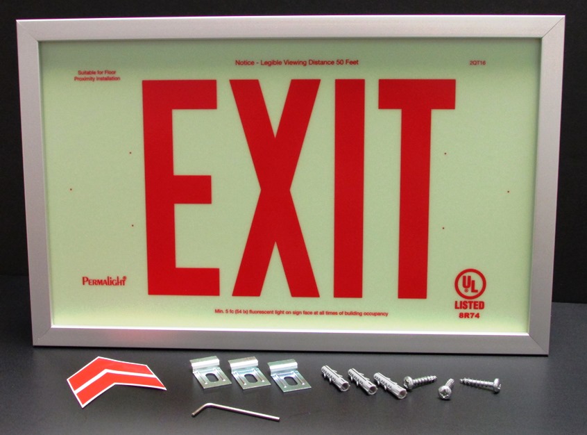 UL924-Listed Plastic EXIT Sign - DOUBLE-SIDED, Red EXIT Legend and Silver Aluminum Frame