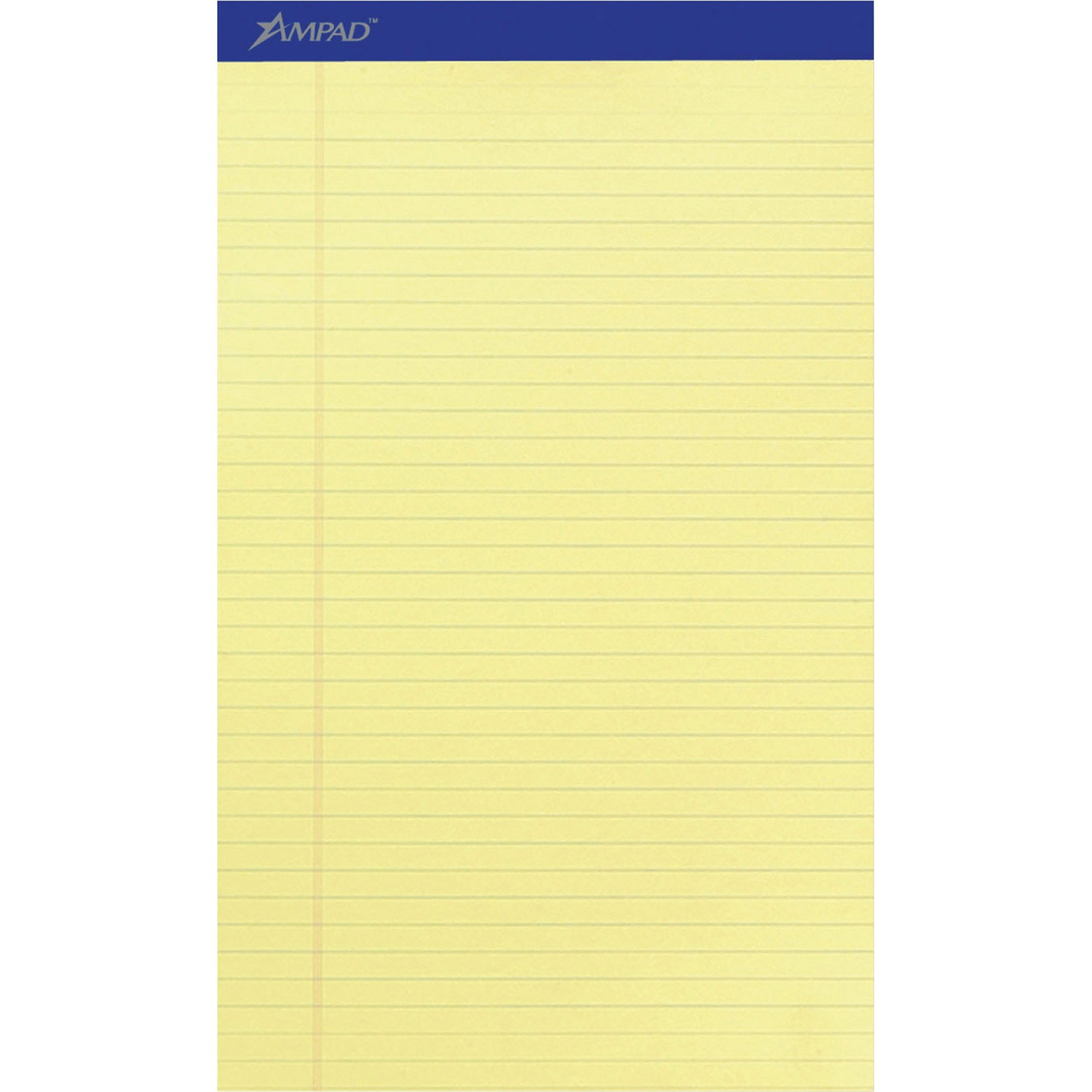 Ampad Writing Pad - 50 Sheets - Stapled - 0.34" Ruled - 15 lb Basis Weight - Legal - 8 1/2" x 14" - Canary Yellow Paper - Dark B