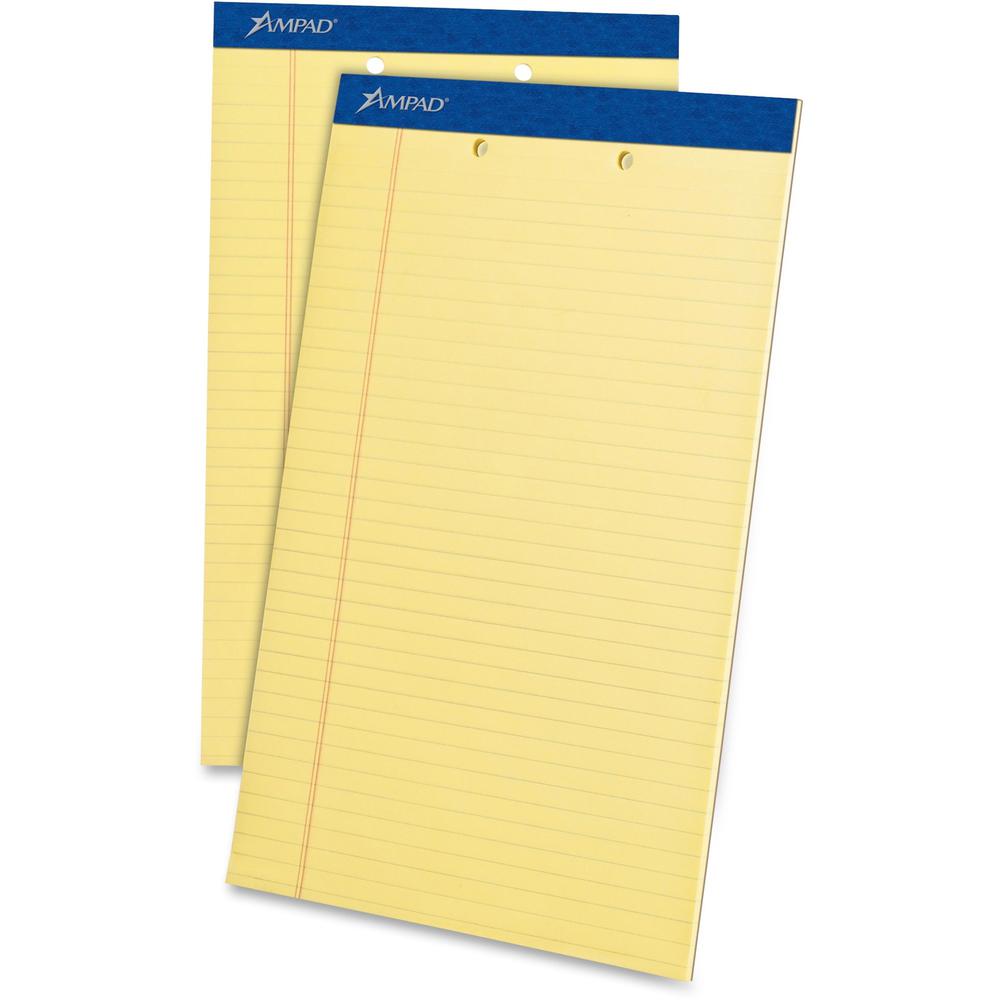Ampad Writing Pad - 50 Sheets - Stapled - 0.34" Ruled - 2 Hole(s) - 15 lb Basis Weight - Legal - 8 1/2" x 14" - Canary Yellow Pa