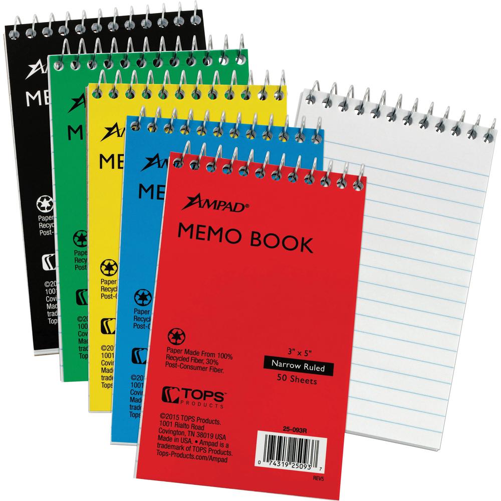 Ampad Topbound Memo Notebooks - 50 Sheets - Wire Bound - 3" x 5" - White Paper - AssortedPressboard Cover - Rigid, Mediumweight 