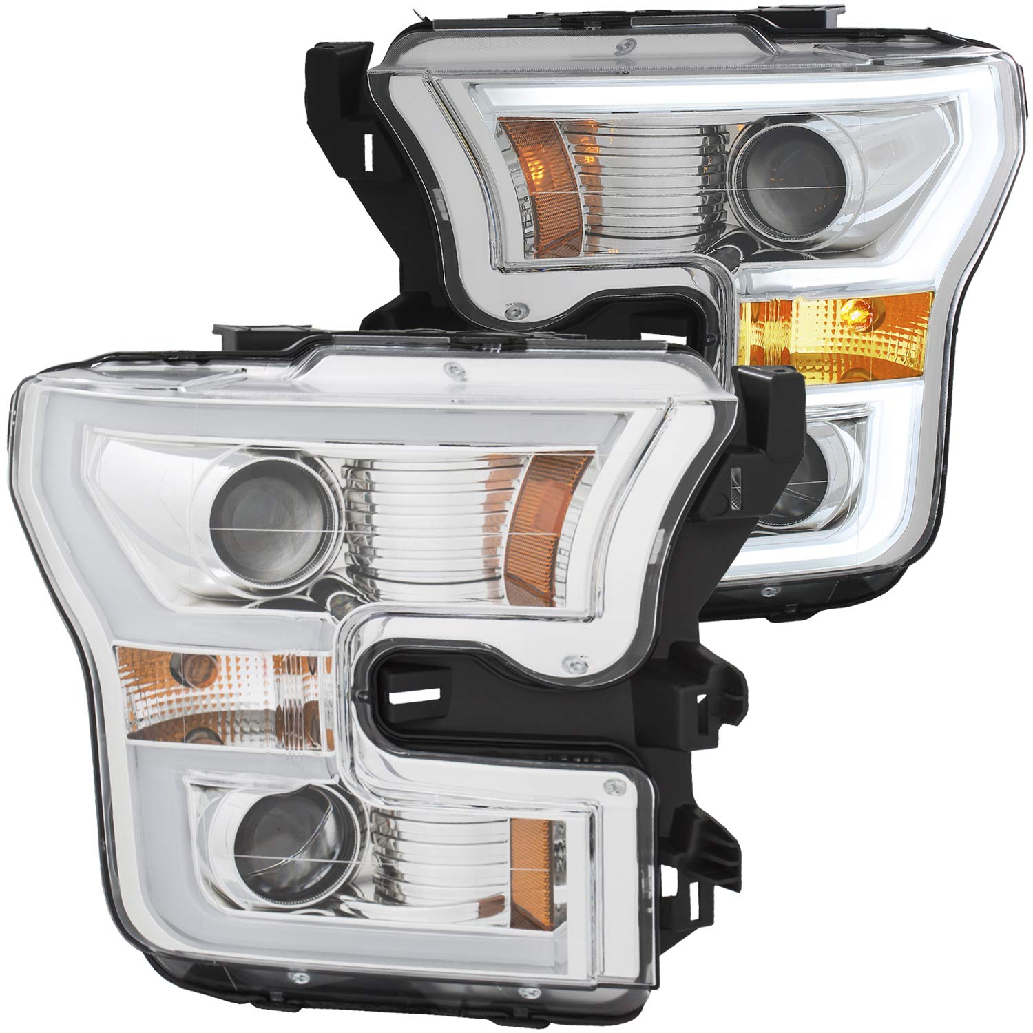 1516 F150 PROJECTOR HEADLIGHTS W/PLANK STYLE SWITCHBACK CHROME W/AMBER DRIVE/PASS