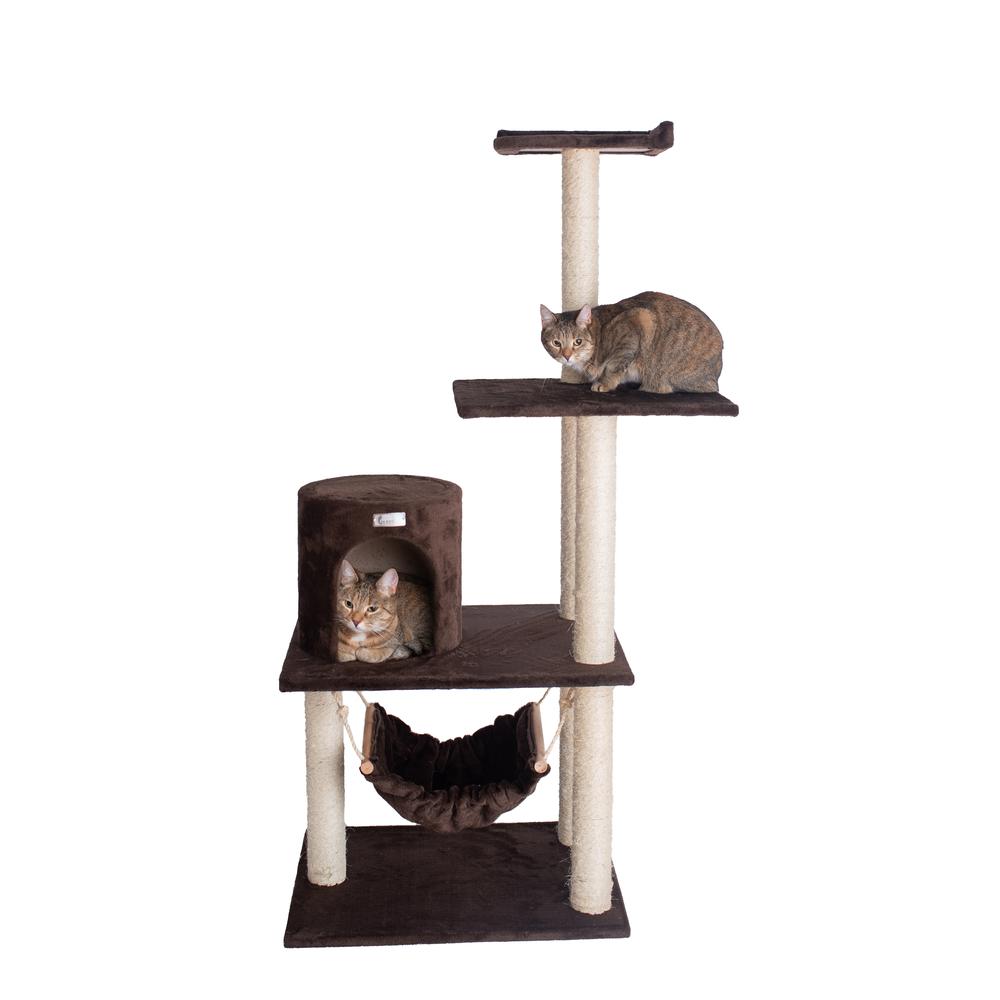 GleePet GP78590223 59-Inch Real Wood Cat Tree In Coffee Brown With Condo And Hammock