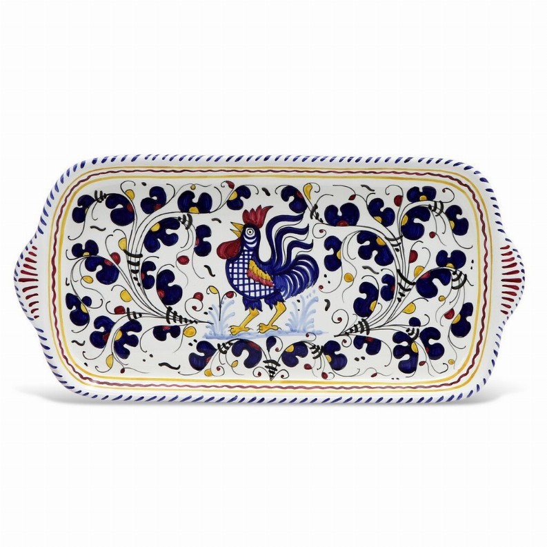 ORVIETO ROOSTER: Serving Tray - 13 LONG X 7 (Dimensions measured in Inches) Blue Rectangular Tray
