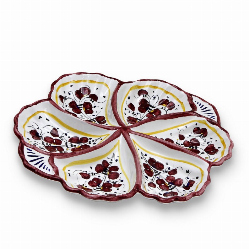 ORVIETO ROOSTER: Serving Tray - 13 DIAM x 2 HIGH (Dimensions measured in Inches) Red Snack Tray Fiore/Shell - Six Compartments