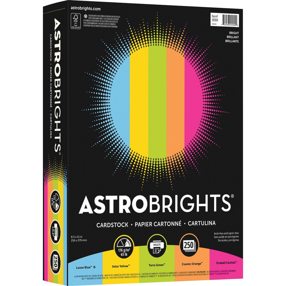 Astrobrights Colored Cardstock Paper - Assorted - 8 1/2" x 11" - 250 / Pack - High-impact, Durable, Printable, Acid-free, Lignin