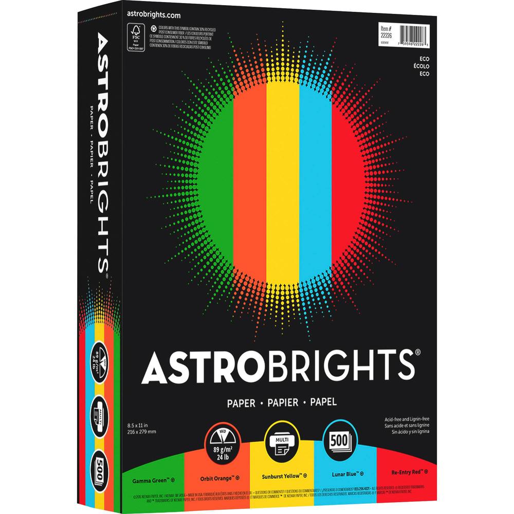 Astrobrights Color Paper - Assorted - Letter - 8 1/2" x 11" - 24 lb Basis Weight - 500 / Ream - FSC, Green Seal - Acid-free, Lig