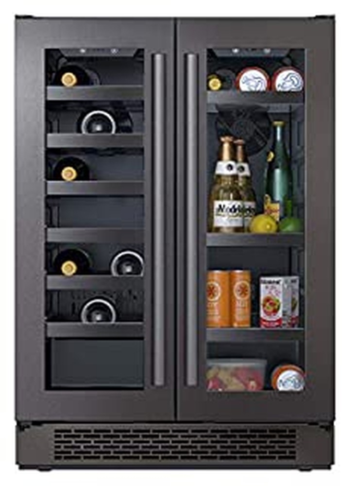 24 IN BUILT-IN BLACK STAINLESS FRENCH DOOR DUAL ZONE WINE AND BEVERAGE COOLER