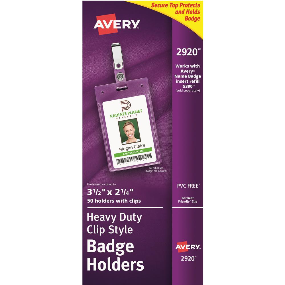Avery Heavy-Duty Secure Top Clip-Style Badge Holders - Support 2.25" x 3.50" Media - Portrait - 2.3" x 3.3" - Plastic - 50 