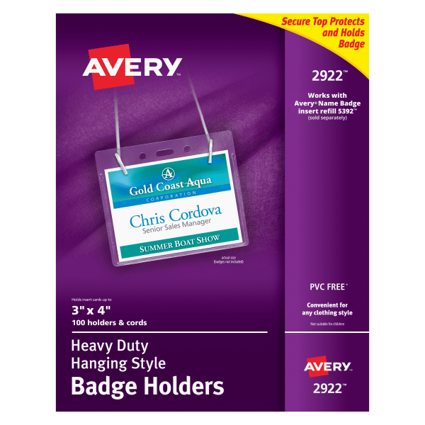 Avery Heavy-Duty Clear Hanging Style Badge Holders - Support 3" x 4" Media - Horizontal - Plastic - 100 / Box - Clear