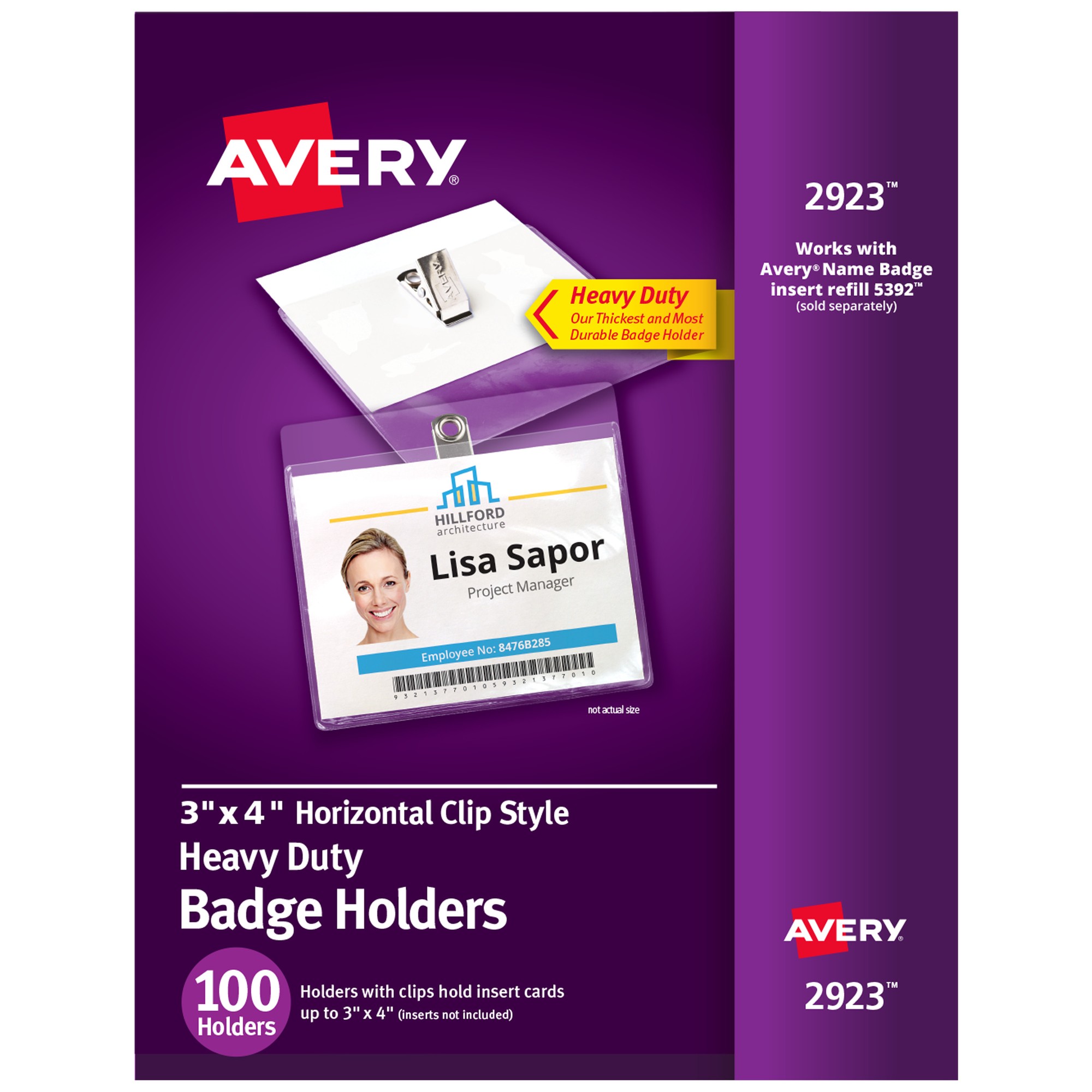 Avery Heavy-Duty Badge Holders - Clip Style - Support 3" x 4" Media - Horizontal - 4" x 3" - Plastic - 100 / Box - Clear