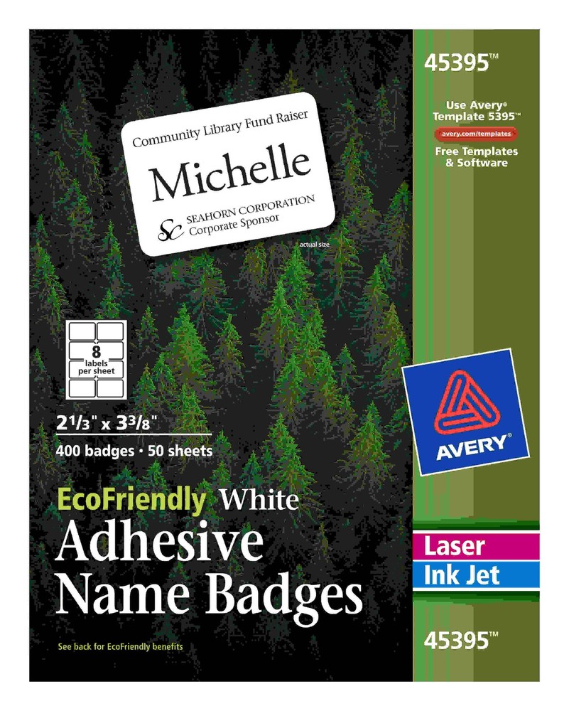 Avery Eco-friendly Premium Name Badge Labels - 2 21/64" Width x 3 3/8" Length - Removable Adhesive - Rectangle - Laser, Ink