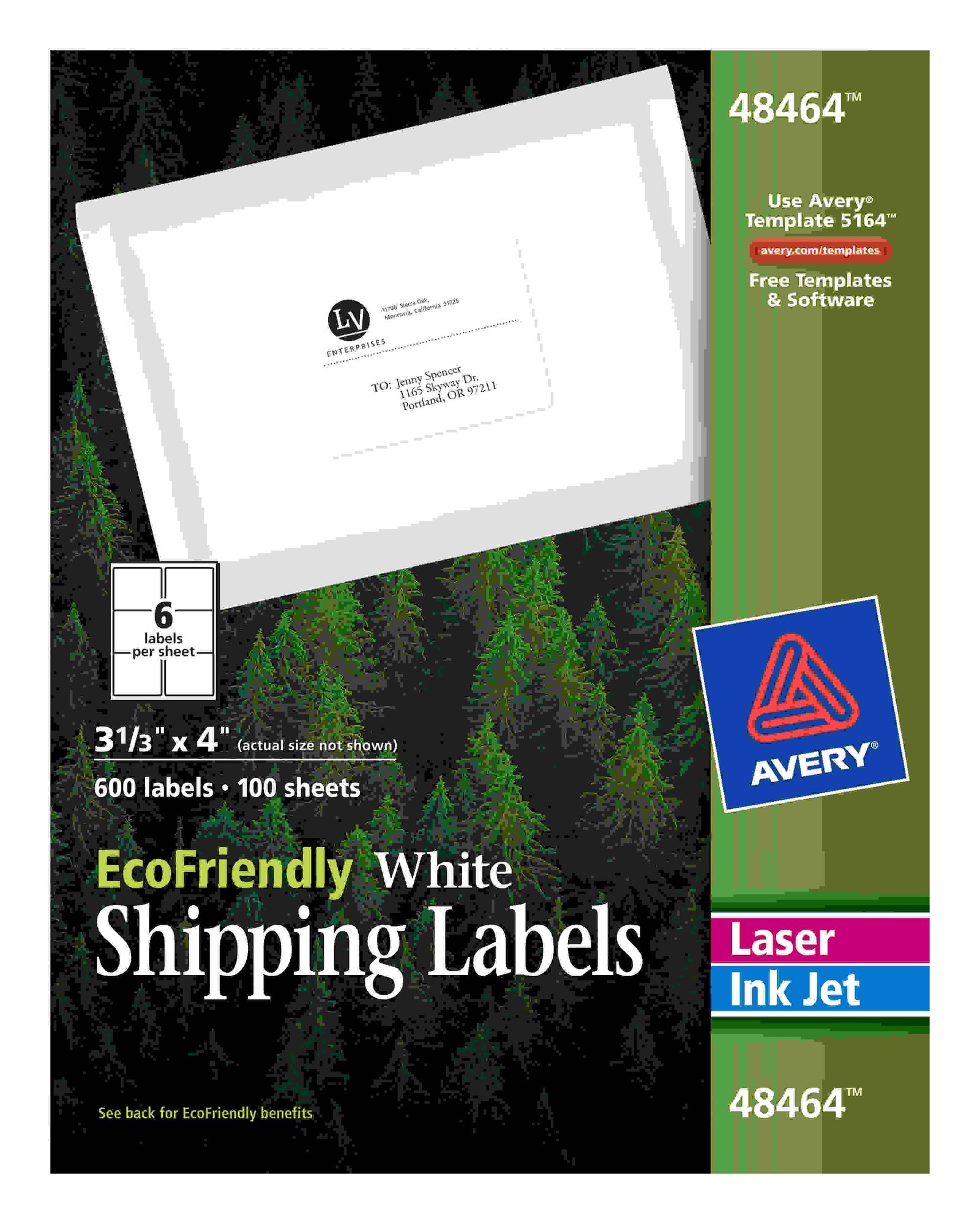 Avery EcoFriendly Shipping Label - 3 21/64" Width x 4" Length - Permanent Adhesive - Rectangle - Laser, Inkjet - White - Pa