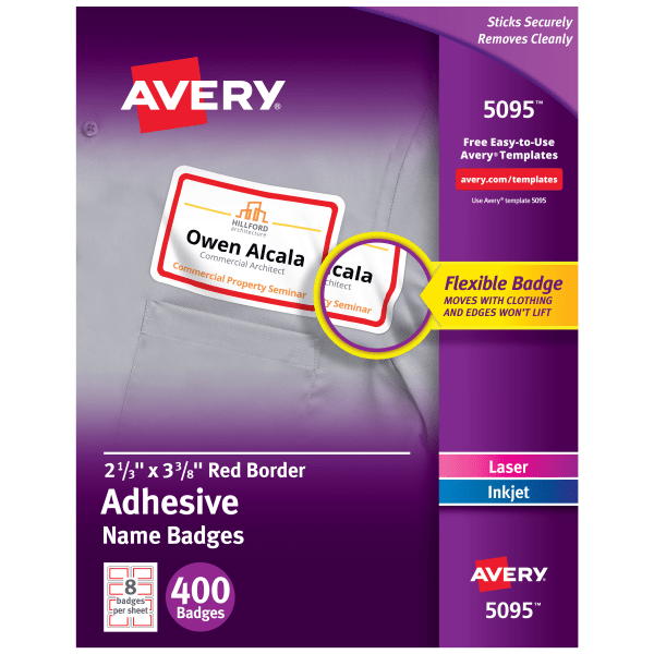 Avery Name Badge Label - 2 21/64" Width x 3 3/8" Length - Removable Adhesive - Rectangle - Laser, Inkjet - White, Red - Fil