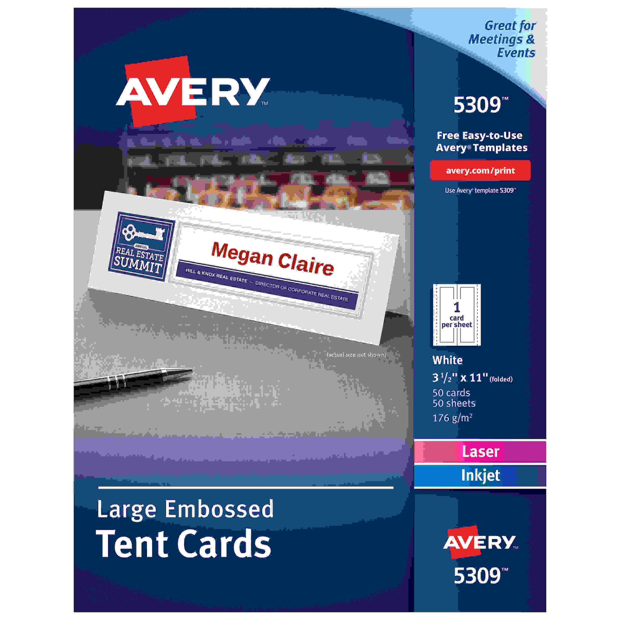 Avery Embossed Tent Cards - 97 Brightness3 1/2" x 11" - 50 / Box - FSC Mix - Perforated, Heavyweight, Rounded Corner, Smudg