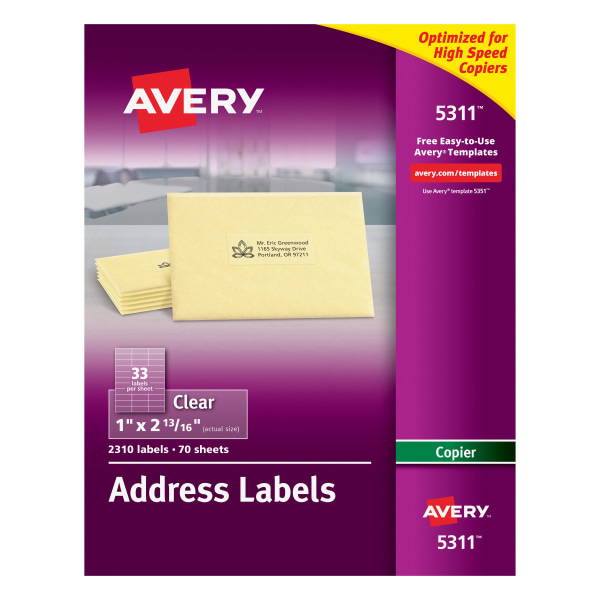 Avery Address Label - 1" Width x 2 13/16" Length - Permanent Adhesive - Rectangle - Frosted Clear - Film - 33 / Sheet - 70 