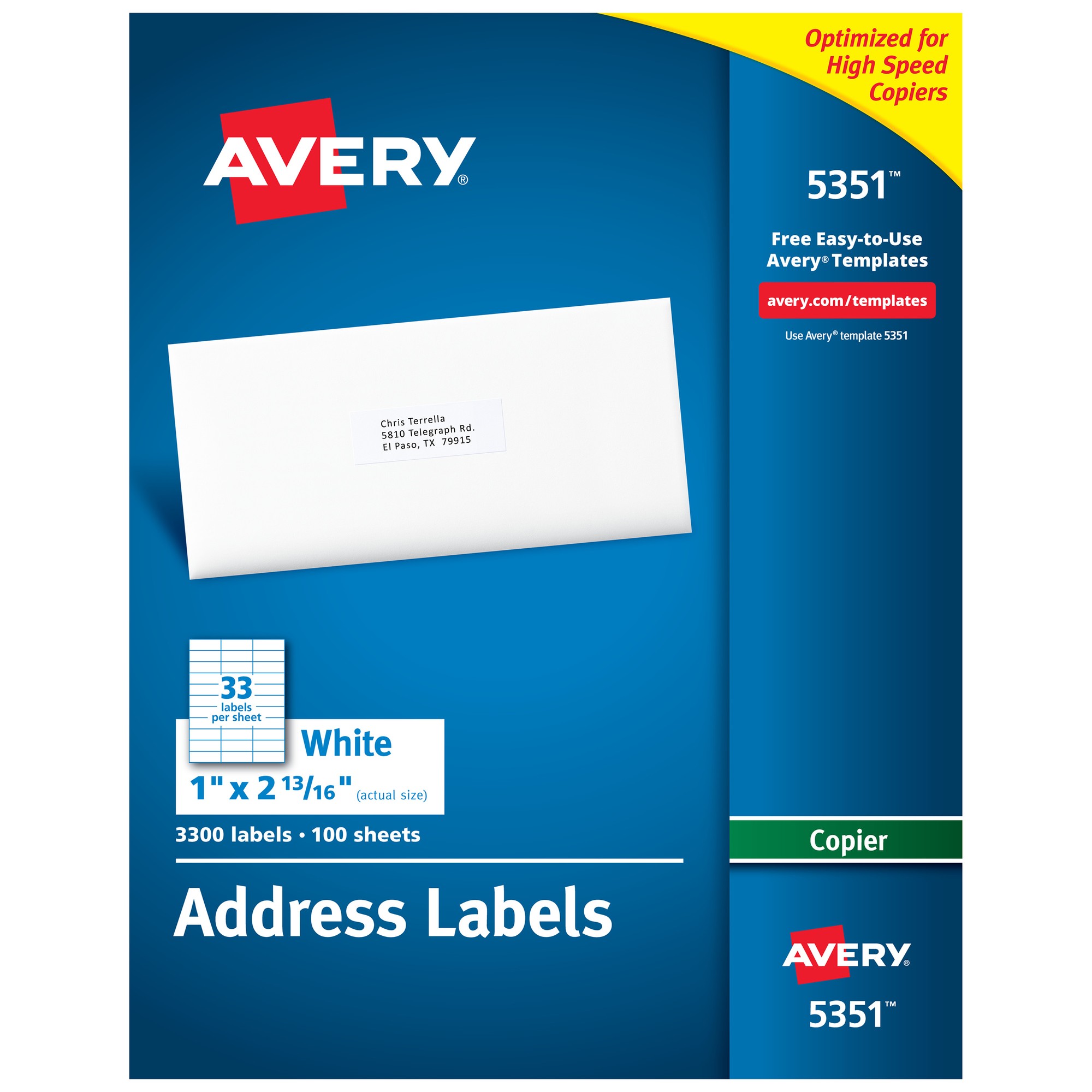 Avery Copier Address Labels - 1" Width x 2 13/16" Length - Permanent Adhesive - Rectangle - White - Paper - 33 / Sheet - 10
