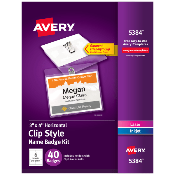 Avery Garment-Friendly Clip-Style Name Badges - 40 / Box - Printable, Durable, Clip