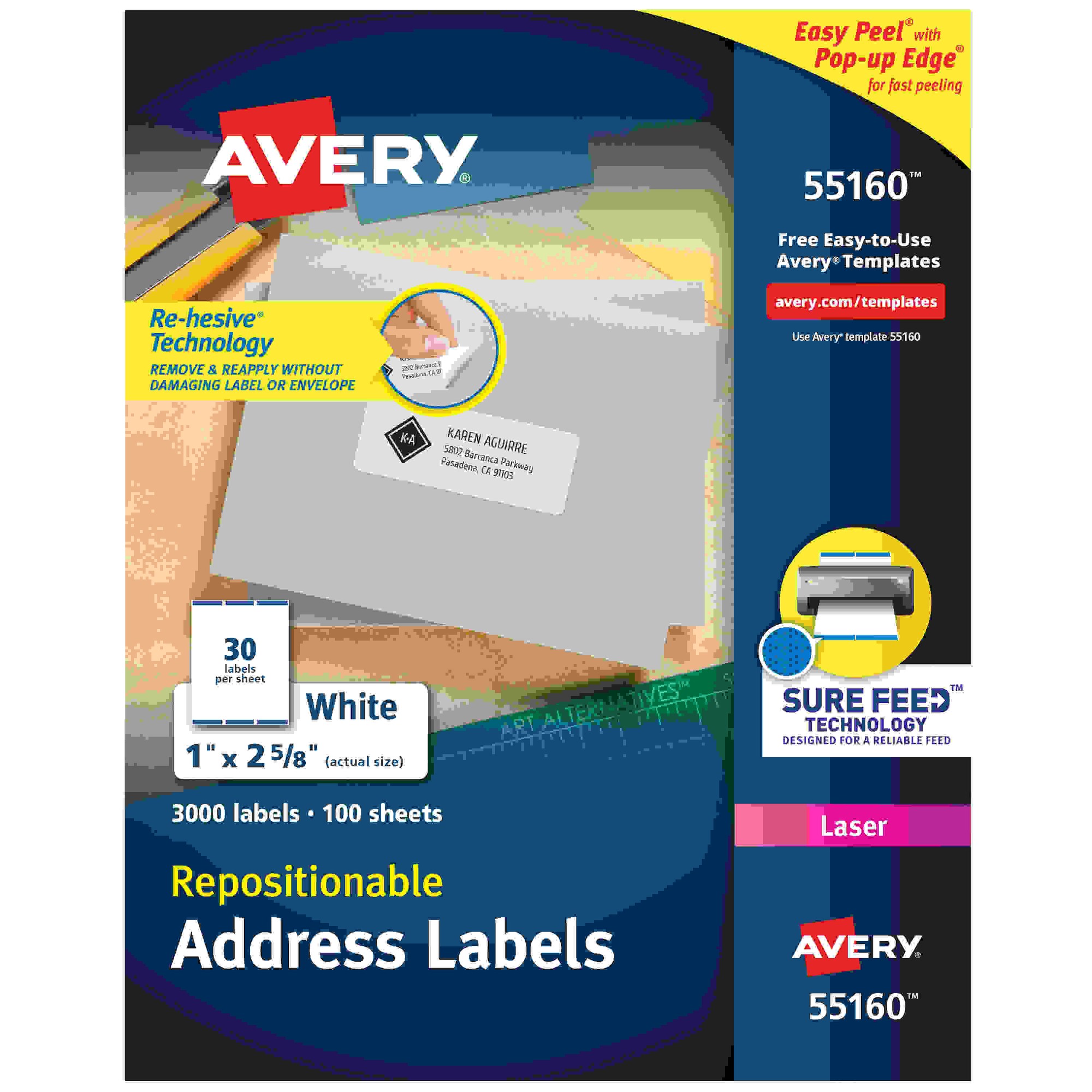 Avery Repositionable Address Labels - 1" Width x 2 5/8" Length - Rectangle - Laser, Inkjet - White - Paper - 30 / Sheet - 1