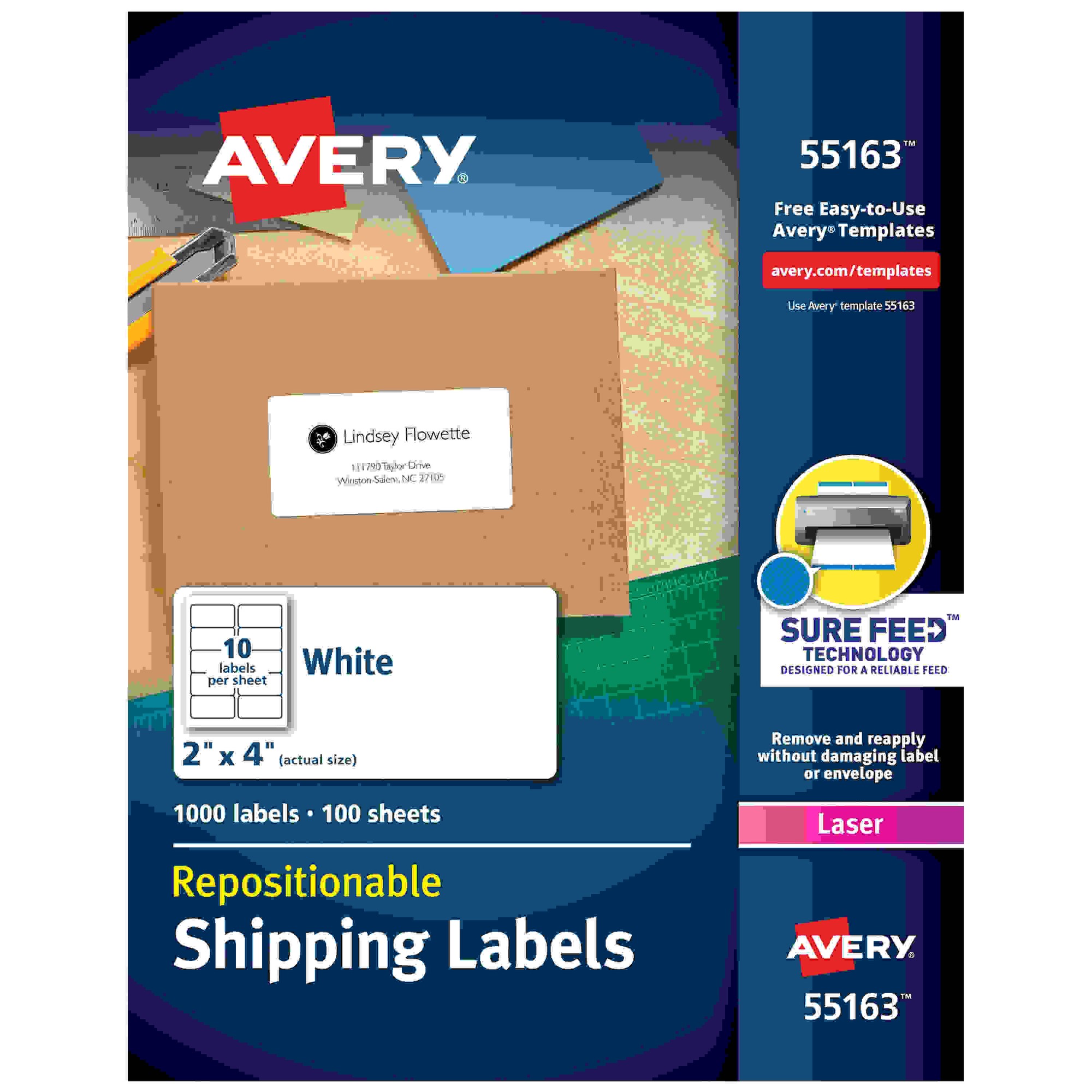 Avery Repositionable Shipping Labels - Sure Feed Technology - 2" Width x 4" Length - Rectangle - Laser - White - Paper - 10