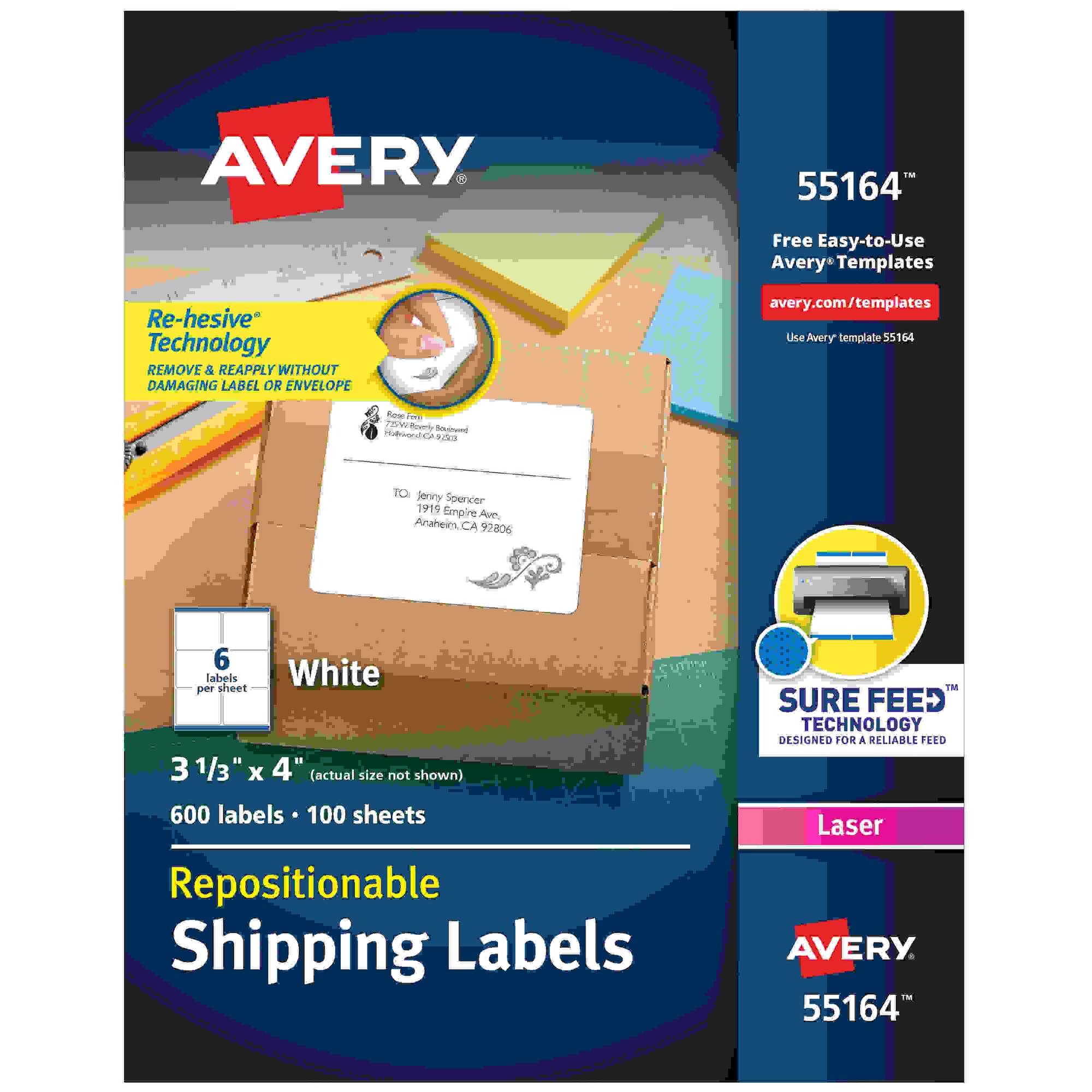 Avery Repositionable Shipping Labels - Sure Feed Technology - 3 21/64" Width x 4" Length - Rectangle - Laser - White - Pape