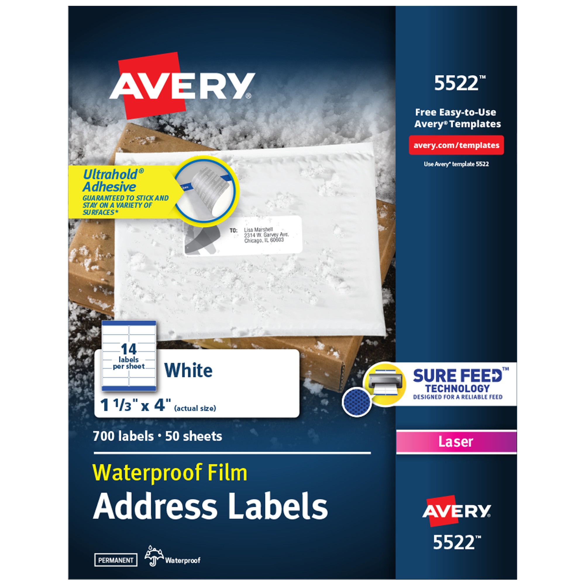Avery 1-1/3" x 4" Labels, Ultrahold, 700 Labels (5522) - 1 21/64" Width x 4" Length - Permanent Adhesive - Rectangle - Lase