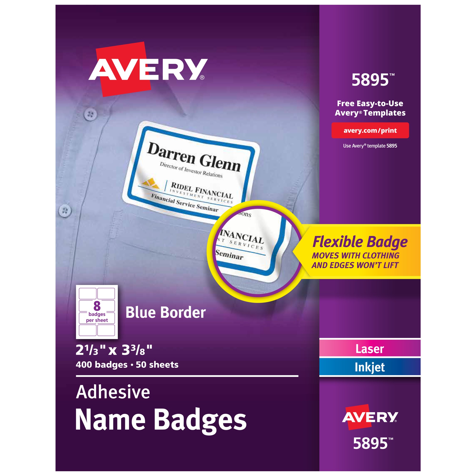 Avery Adhesive Name Badges - 2 21/64" Width x 3 3/8" Length - Removable Adhesive - Rectangle - Laser, Inkjet - White, Blue 