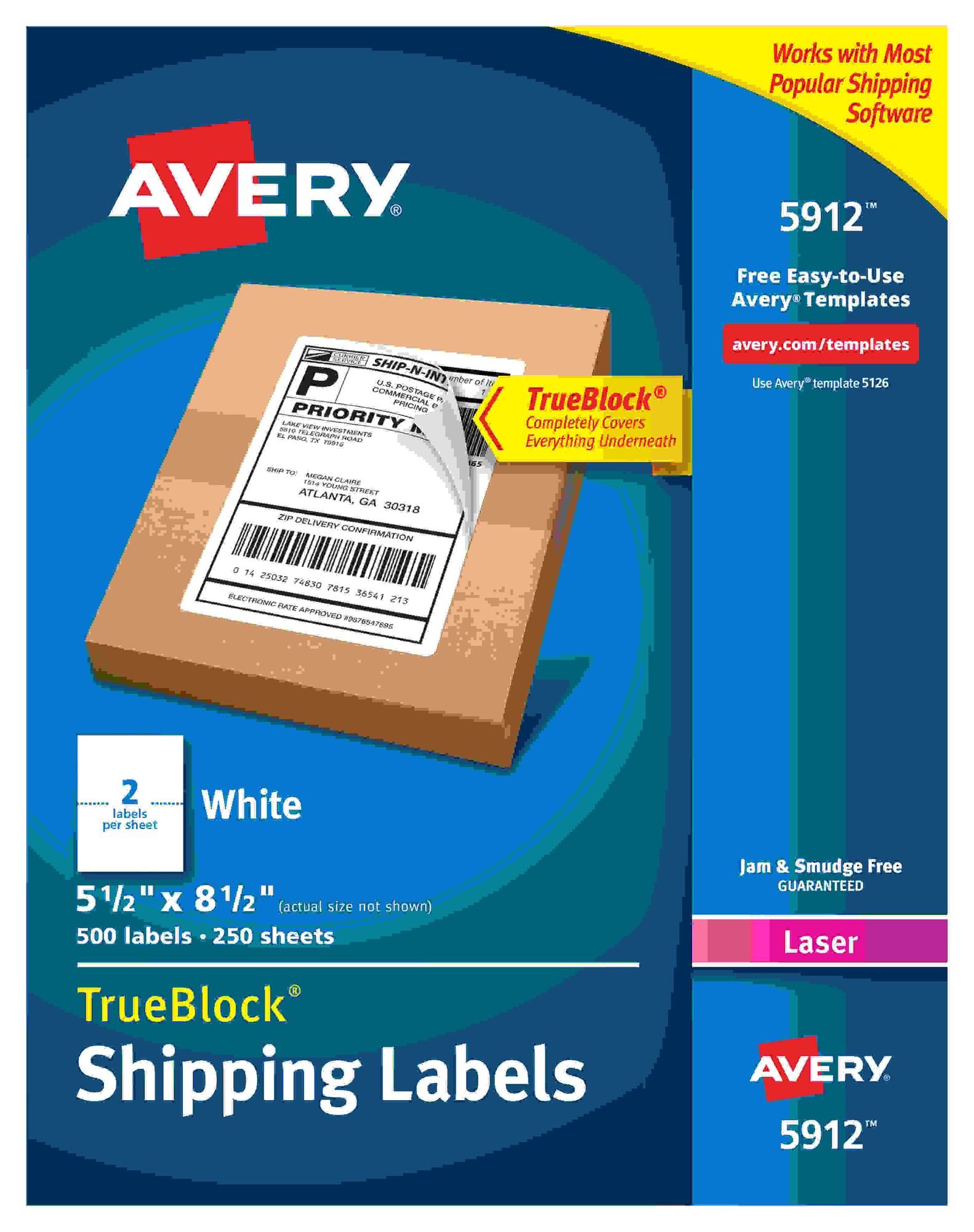 Avery TrueBlock Shipping Label - 5 1/2" Width x 8 1/2" Length - Permanent Adhesive - Rectangle - Laser - White - Paper - 2 