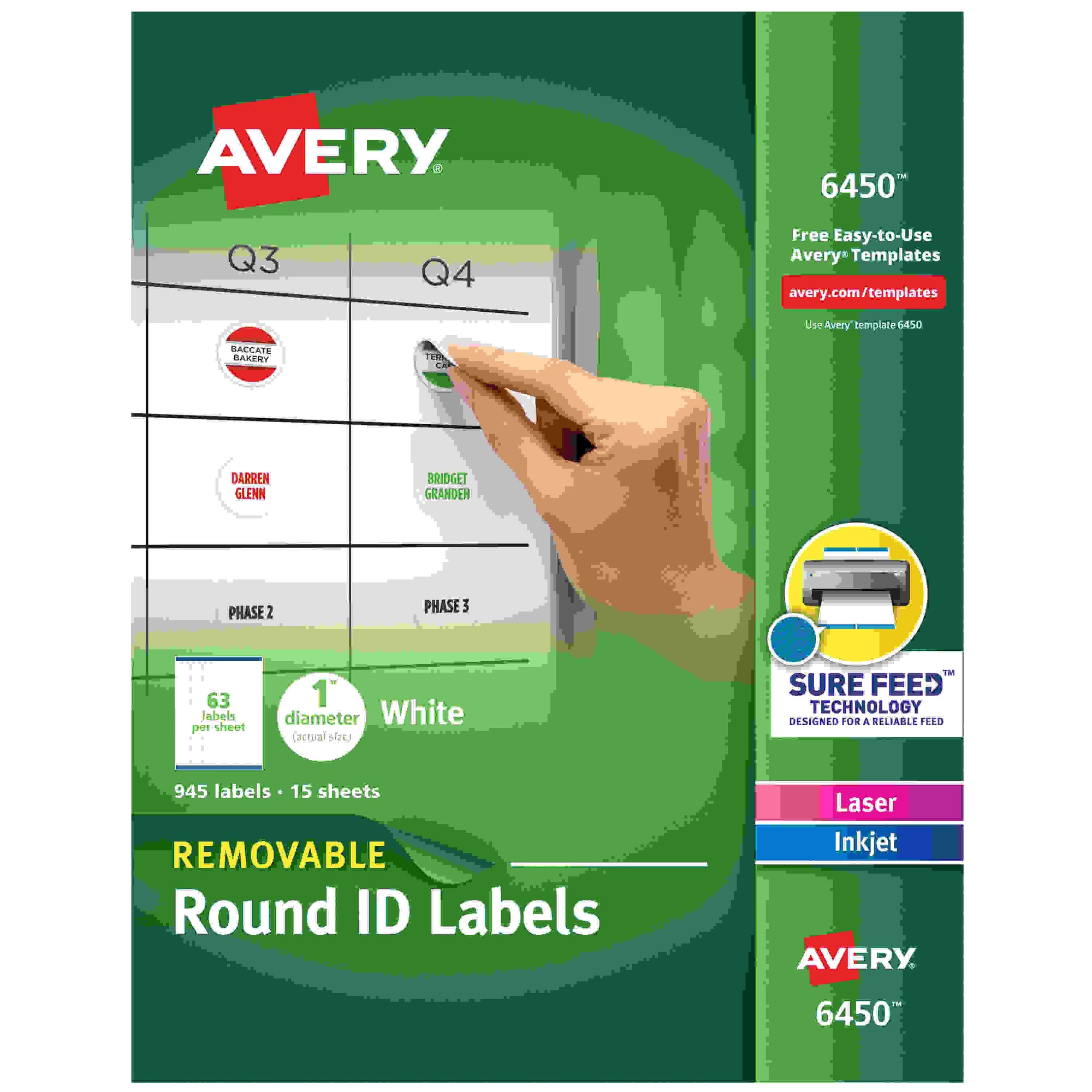 Avery Multiuse Removable Labels - 1" Diameter - Removable Adhesive - Round - Laser, Inkjet - White - Paper - 63 / Sheet - 1