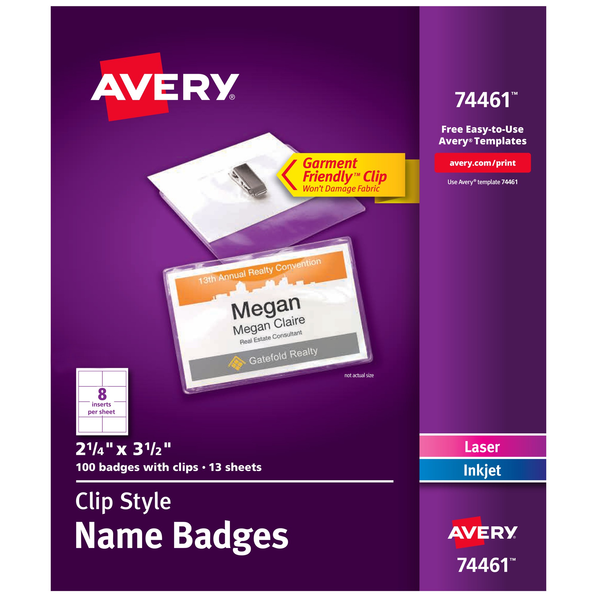 Avery Clip-Style Name Badges - 3 1/2" x 2 1/4" - 100 / Box - Durable, Reusable, Printable