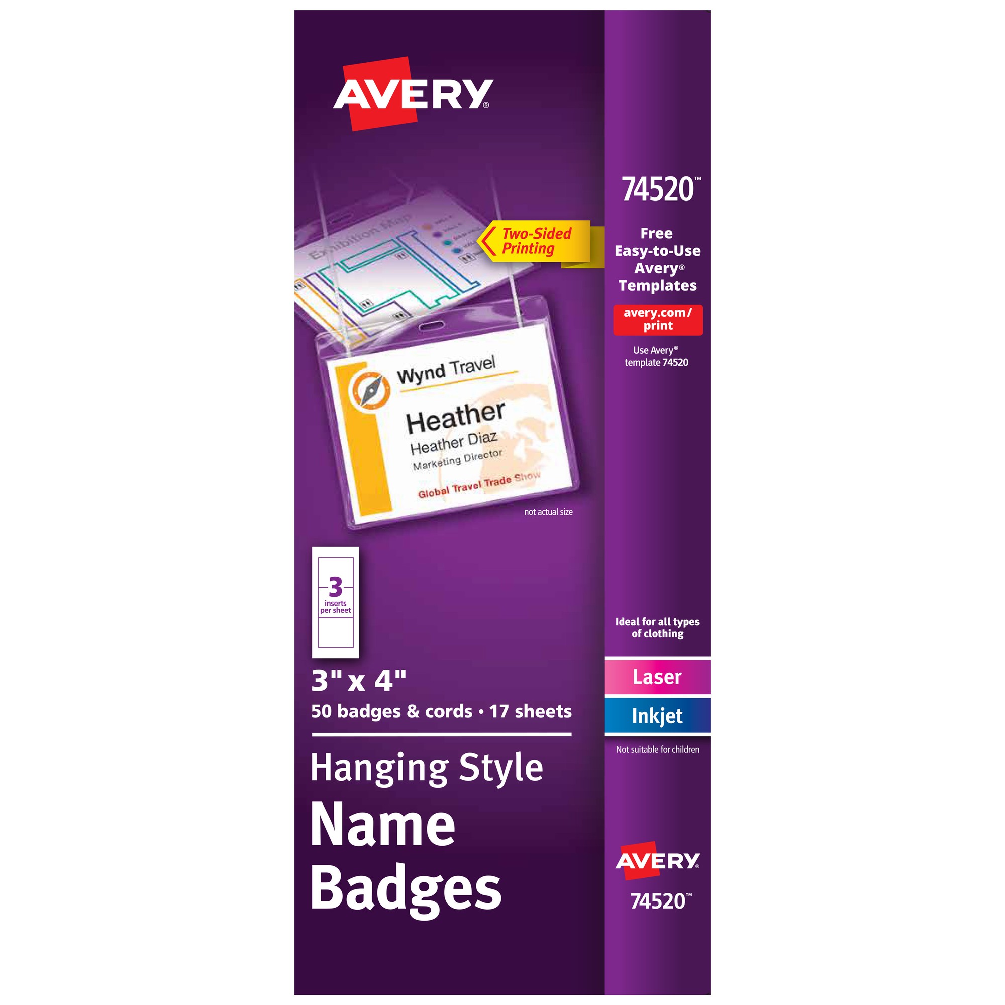 Avery Hanging Style Name Badges - 4" x 3" - 50 / Box - Durable, Micro Perforated, Printable, PVC-free