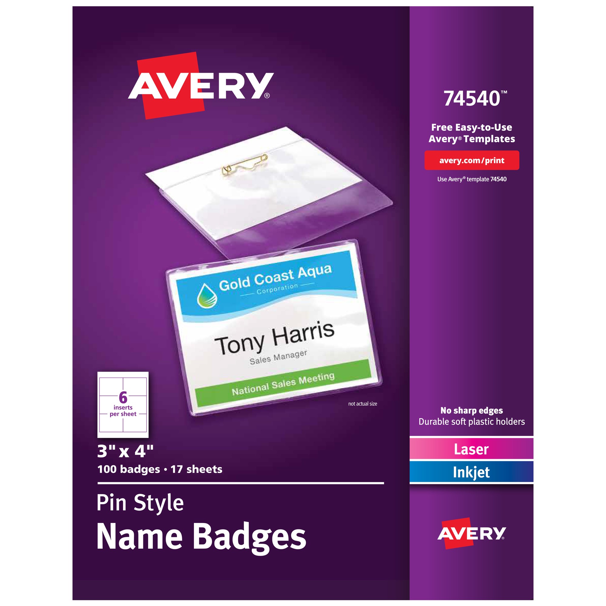 Avery Pin-Style Name Badges - 100 / Box
