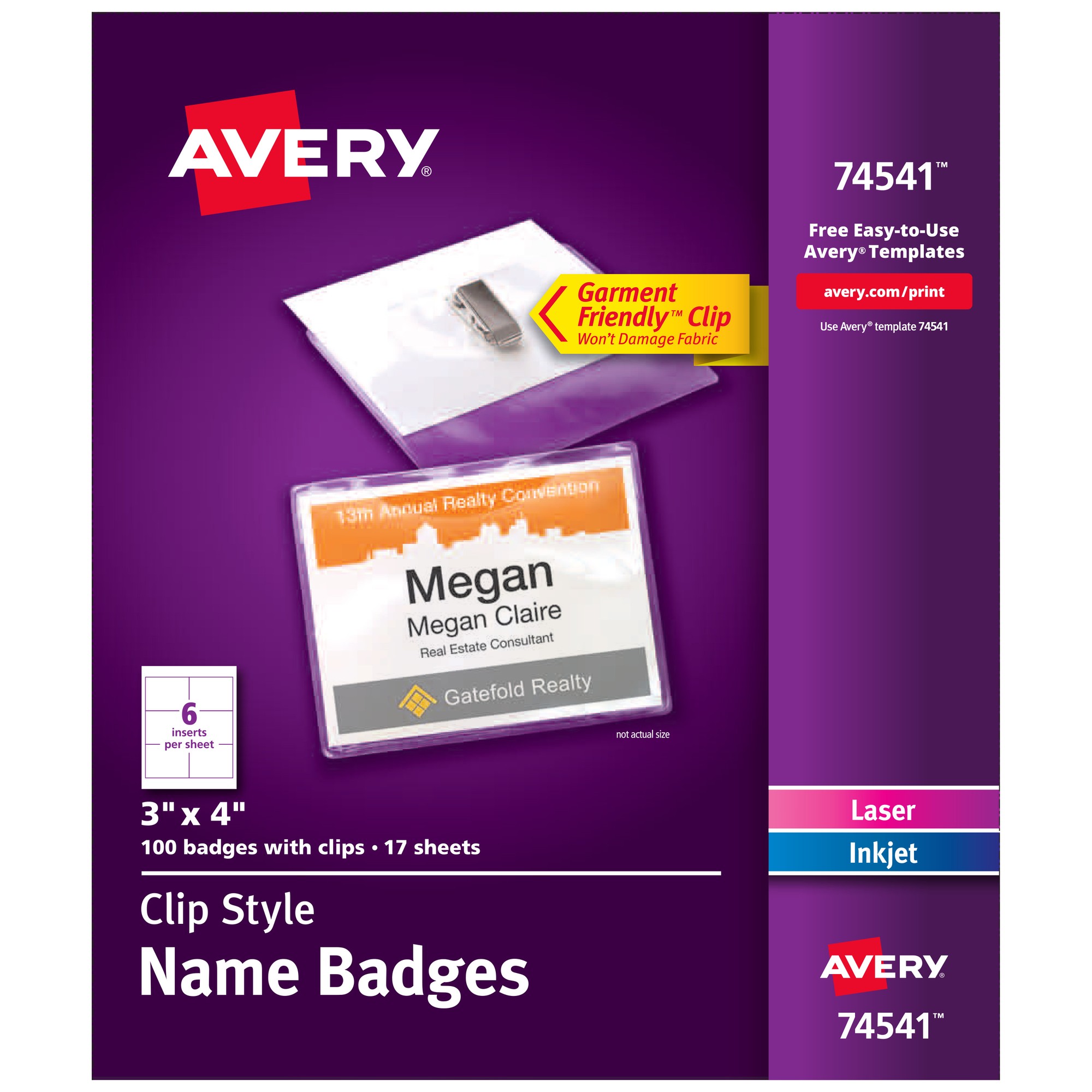 Avery Clip-Style Name Badges - 4" x 3" - 100 / Box - Clip